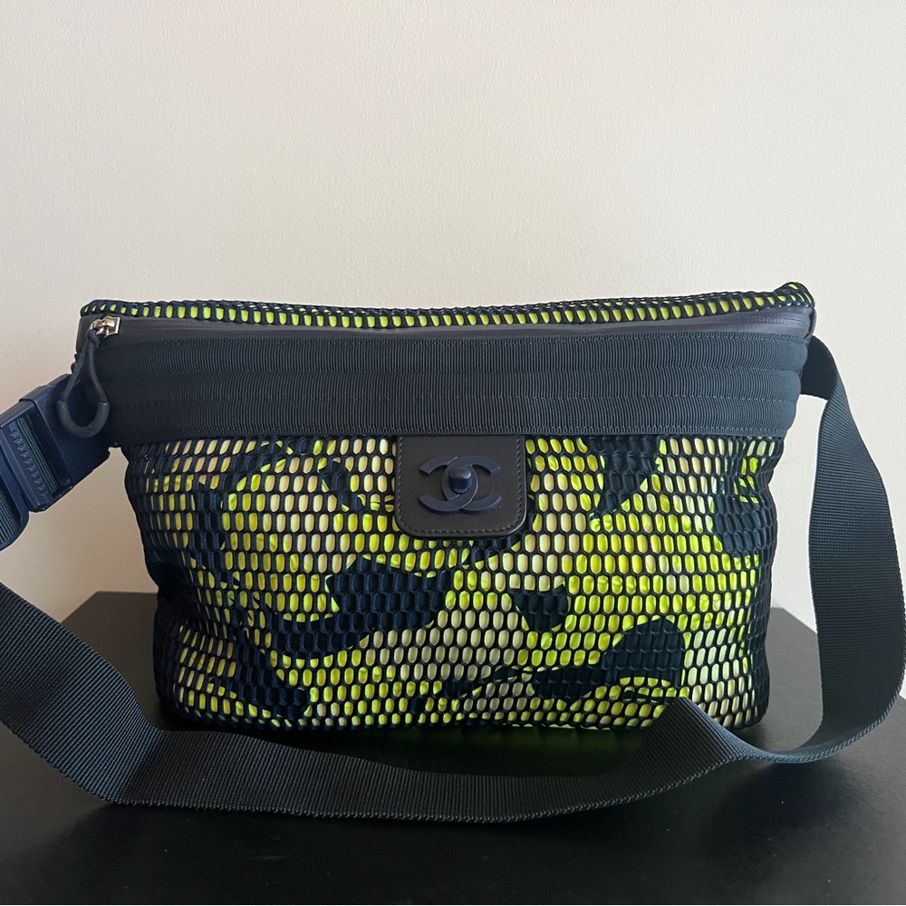 CHANEL Sports line Crossbody Bag Nylon mesh Navy Yellow - Authentic